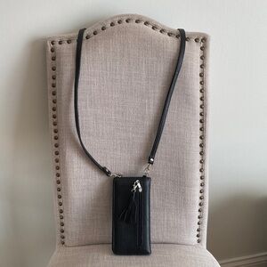 Black Leather Crossbody Phone Bag with Tassel